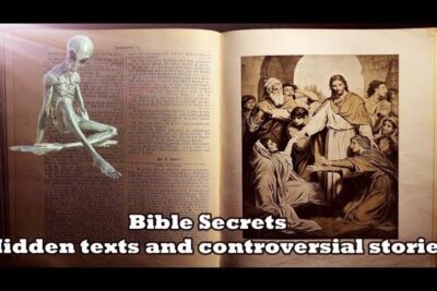 Open Bible with classical depiction of Jesus among followers, a translucent alien figure and overlay text referencing jesus kontroversielle