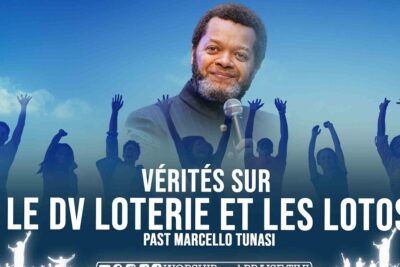 Event poster showing a speaker with a microphone and cheering silhouettes discussing jeux hasard and lotteries.