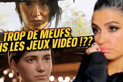 Thumbnail showing close-ups of female game characters and a thoughtful streamer reaction about jeux video 1