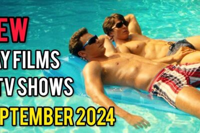 Two shirtless men lounging on a blue pool float in turquoise water beside bold overlay text promoting new gay films and TV shows, jotkut opiskelijat