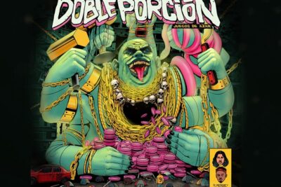 Comic-style green giant with gold chains counting pink casino chips, juego azar illustration.