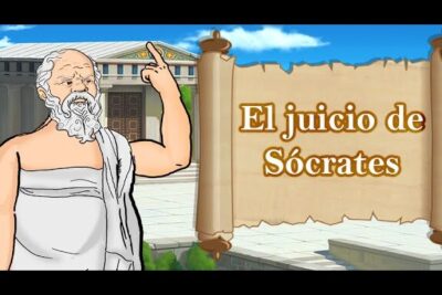 Cartoon depiction of a bearded Socrates in a toga pointing to a parchment that reads 'El juicio de Sócrates' in a classical courtyard, juicio socrates 3.
