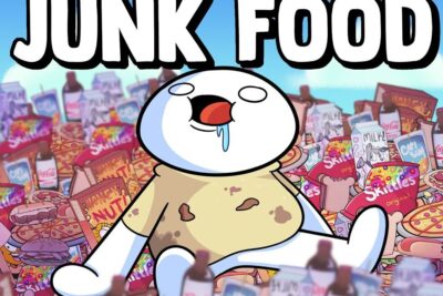 Cartoon character drooling atop a massive pile of pizza, candy, burgers and sodas in a junk food 5 scene.