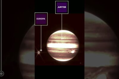 Annotated view of Jupiter and its moon Europa with labels and a focus on jupiter ringar and cloud bands.