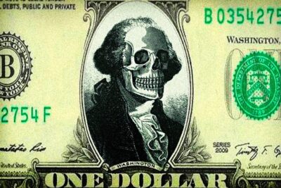 One-dollar bill altered artwork showing a classic oval portrait replaced by a skull, labeled justifica medios 2.