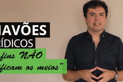 Male presenter standing beside a bold typographic banner in Portuguese that reads 'os fins NÃO justificam os meios' highlighting the phrase justifica meios 2