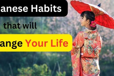 Woman in a colorful kimono holding a red parasol among cherry blossoms with overlay text about kaizenin hyvaksi and life-changing Japanese habits.