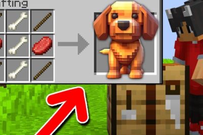 Pixelated Minecraft puppy icon produced from a crafting grid using sticks, bones and raw meat, kaledyr ogsa.