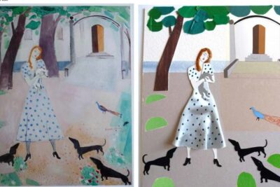 Red-haired woman in a white polka-dot dress holding a small pet among three black dachshund silhouettes and a colorful bird, kan vara a charming garden scene.