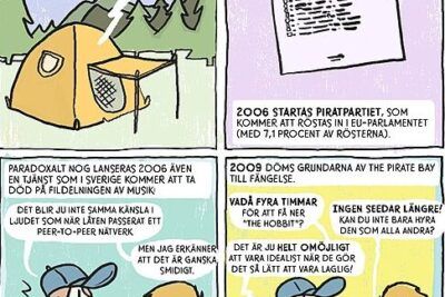 Four-panel comic strip showing characters, a tent, a document titled PIRATPARTIET and a laptop, labeled kan vare 4
