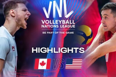 Two volleyball players and national flags representing kanada usa 1 in a VNL highlights graphic