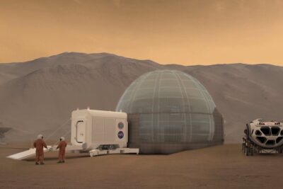 A translucent dome habitat, support module, two suited explorers and a rover on a barren red-planet plain, kannattaa maailmankaikkeutta