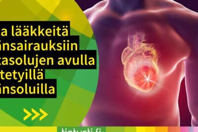 Stylized glowing human heart inside a torso with promotional graphics highlighting kantasolujen kayttoa