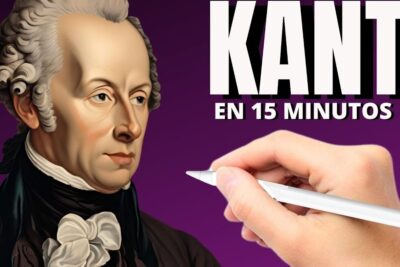 Classical eighteenth-century style philosopher portrait with a hand holding a stylus and bold 'KANT' headline, representing kants filosofi