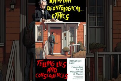 Comic-style illustration of a lone figure at a red front door with text referencing kants teorier and deontological ethics