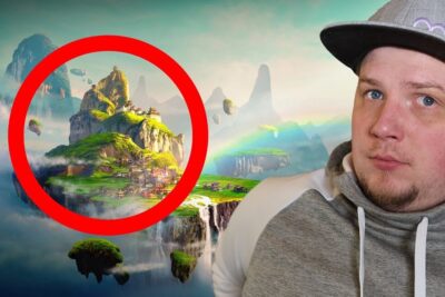 A man in a cap looks beside a red-circled fantasy floating island city, kaupungit voivat.