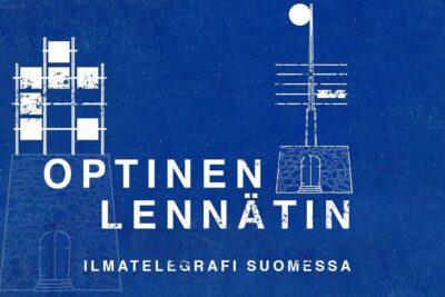 Blueprint-style graphic of Finnish optical telegraph towers with prominent text and a kaytosta luopuminen theme
