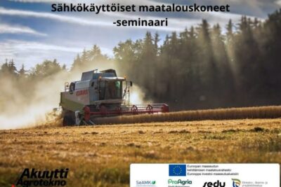 Combine harvester cutting golden grain under sunlight with seminar text and logos, kesaajan muutoksen 1