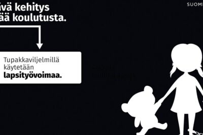 Silhouette of a child holding a teddy bear with a chained ankle next to a Finnish warning about child labor on tobacco farms, kestava kehitys 1.