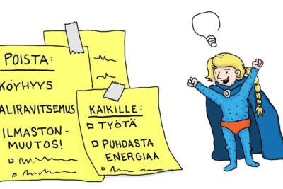 Cartoon showing yellow notes listing end poverty, malnutrition and climate change beside a triumphant child superhero, illustrating kestavan kehityksen 1