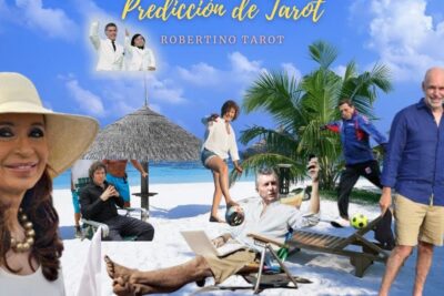 Surreal collage of cutout figures on a tropical beach under a tarot prediction heading featuring kirchnerisme dets