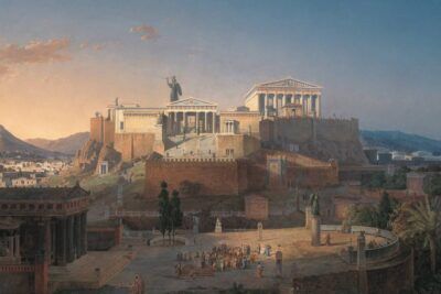 Panoramic painting of an ancient acropolis on a rocky hill with grand temples, statues and a gathering of people, kirchnerismo analisi approfondita della politica argentina e i suoi argomenti a favore e contro