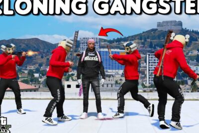 Central character surrounded by several identical red-hoodie attackers on a rooftop created with kloning ar
