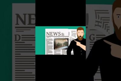 Cartoon presenter pointing to a newspaper article with a sheep photo illustrating kloning mennesker debate