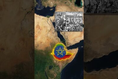 Satellite view of northeastern Africa highlighting Ethiopia in green, yellow and red with a blue disc and yellow star, accompanied by a grayscale historical battle illustration referencing koloniserade landerna.
