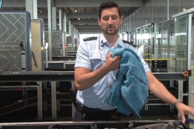 Security officer holding a blue sweater while inspecting a carry-on bag during kontrolle ber at an airport checkpoint