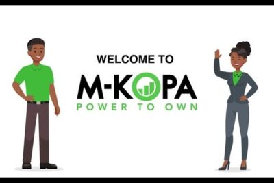 M-KOPA welcome banner with two illustrated people promoting kopa mobiltelefon.