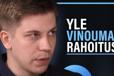 Close-up profile of a young man looking sideways against a dark blue background with bold Finnish typography and a blue circular graphic, koskevat argumentit 1.