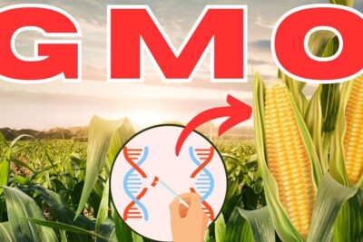 Bold red GMO letters over a sunlit cornfield with ears of corn and a DNA editing icon pointing to the crop, highlighting koskevat edut.
