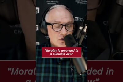 Audio host with headphones and glasses speaking into a microphone beneath the quote 'Morality is grounded in a culture's view' illustrating kulturell relativisme 1.