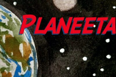 Illustrated Earth, moon and starfield in a vintage space scene labeled kuu planeetta.