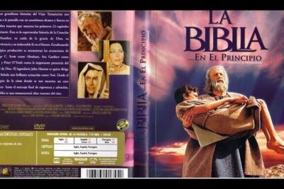 DVD cover art showing an elderly patriarch carrying a child beneath dramatic skies, la biblia 1.
