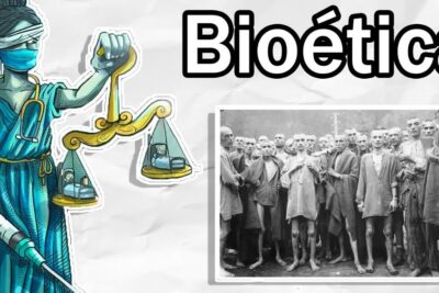 Composite image for la bioetica 2 showing a masked medical figure holding scales with hospital beds beside a black-and-white photo of emaciated prisoners.