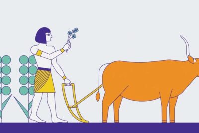Stylized illustration of an Egyptian farmer plowing with an ox beside geometric crops, la biotecnologia 1