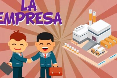Two cartoon businessmen shaking hands beside a factory and delivery trucks representing la empresa 1.