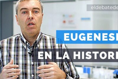 Middle-aged man speaking in a video thumbnail with bold Spanish headline and reference to la eugenesia 2.