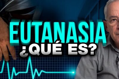 Thumbnail showing bold Spanish text 'EUTANASIA ¿QUÉ ES?', an ECG heartbeat line, a gloved hand touching a patient's hand and a presenter discussing la eutanasia 10.