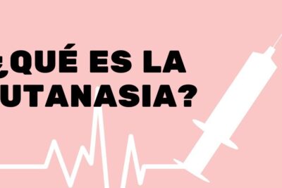 Pink background graphic with large black text '¿QUÉ ES LA EUTANASIA?', a white syringe silhouette and heartbeat line illustrating la eutanasia 18