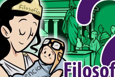 Cartoon of a crowned woman holding an infant with a backdrop of classical speakers and a giant question mark, evoking la filosofia and inquiry.