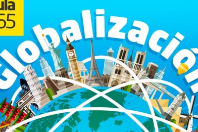 Colorful illustration of world landmarks and interconnected network lines representing la globalizacion 6.