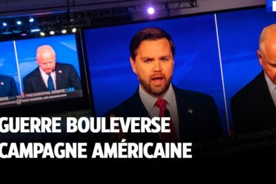 Television screens display a heated political debate with a French headline referencing la guerre and campaign turmoil.