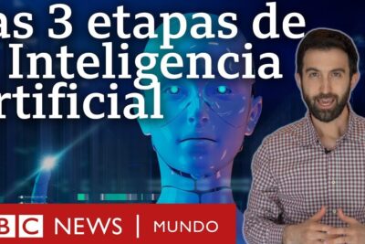 Presenter beside a glowing blue humanoid robot graphic and Spanish headline about AI stages, highlighting la ia 2.