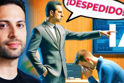 A suited manager pointing at a kneeling, distressed employee while a screen displays la ia 3 and a speech bubble reads ¡DESPEDIDO!