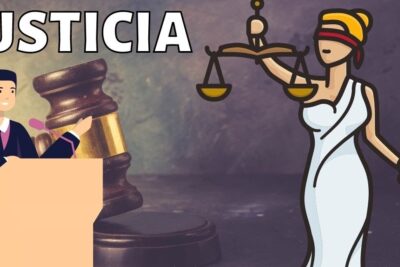 Illustration of blindfolded Lady Justice with scales, a gavel, and a courtroom speaker highlighting la justicia.