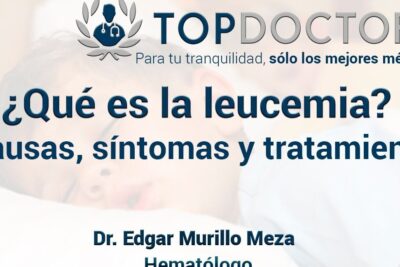 Banner asking what la leucemia is, showing causes, symptoms and treatment with a sleeping infant background and medical logo
