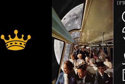 Retro train interior with passengers gazing at la lune through panoramic windows.